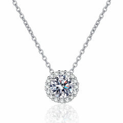 PANERMA Halo Pendant Necklace with Cubic Zirconia - 14K White Gold, 6.5mm Center Stone, 18 Inches